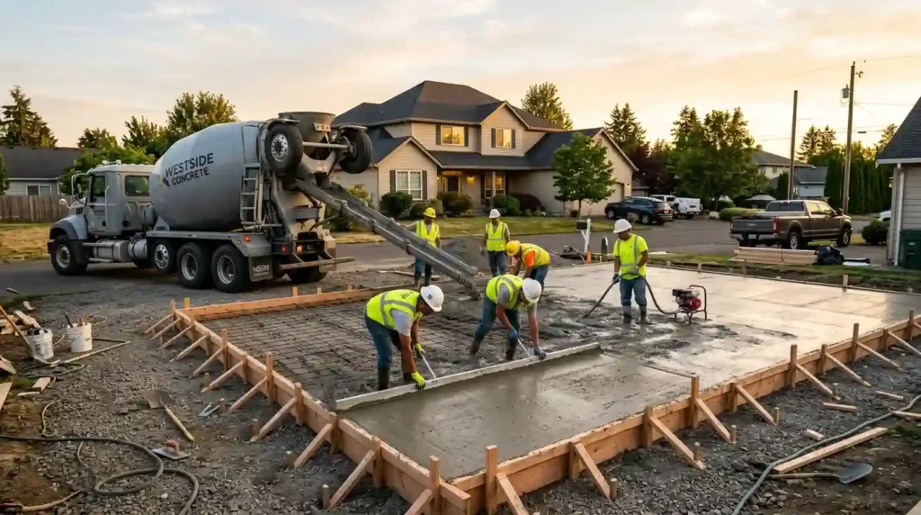 Concrete truck pouring garage floor